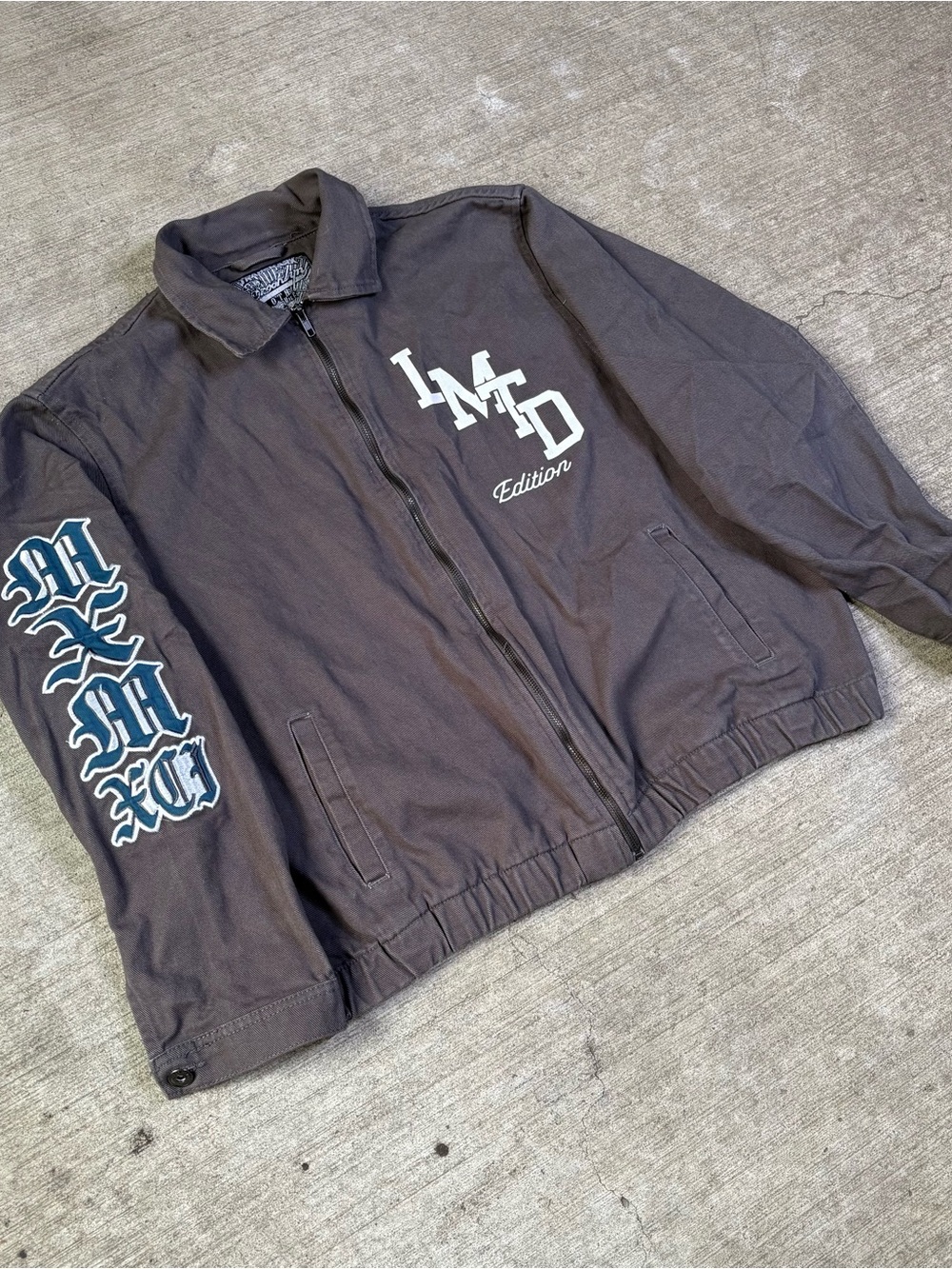 Brooklyn Cloth Charcoal Gray Bomber Jacket with White & Teal Script